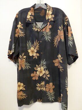 Tommy Bahama Men’s Hawaiian Silk Shirt Black Floral Short Sleeve Large